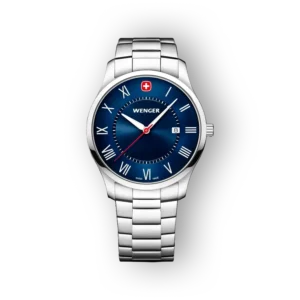 Wenger férfi karóra ezüst szíjjal és kék számlappal