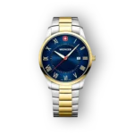 Wenger férfi karóra kék számlappal, két színű szíjjal.