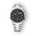 Wenger chronograph watch with a black dial, white hour markers, red accents, and a brushed stainless steel bracelet against a black background.