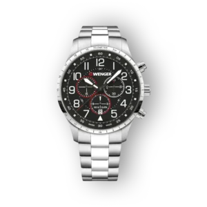 Wenger chronograph watch with a black dial, white hour markers, red accents, and a brushed stainless steel bracelet against a black background.