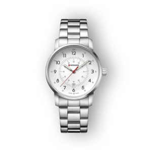 Wenger karóra ezüstszínű acélszíjjal, fehér számlap.