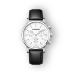 Wenger fekete bőrszíjas karóra, fehér számlap, elölnézet.