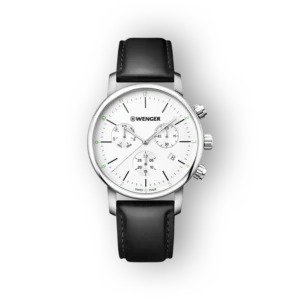Wenger fekete bőrszíjas karóra, fehér számlap, elölnézet.