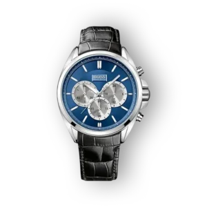 Férfi karóra kék számlappal és fekete szíjjal.