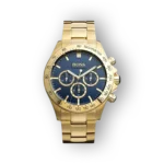 Aranyszínű Boss karóra kék számlappal, előlnézetben.