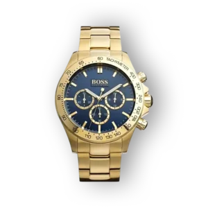 Aranyszínű Boss karóra kék számlappal, előlnézetben.
