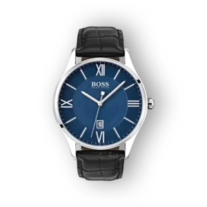Elegáns, kék számlapos Boss karóra fekete szíjjal.