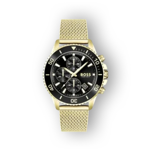 Arany színű Boss karóra fekete számlappal elölről.