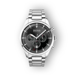 Hugo Boss férfi karóra fekete számlappal és acél szíjjal.