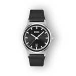 Hugo Boss fekete bőrszíjas karóra, előlnézetben.