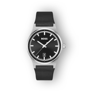 Hugo Boss fekete bőrszíjas karóra, előlnézetben.