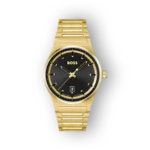 Arany színű BOSS karóra fekete számlappal.