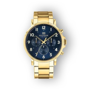Tommy Hilfiger arany színű óra kék számlappal és kronográffal.