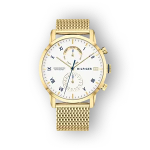 Arany színű Tommy Hilfiger karóra fehér számlappal.