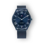 Navy blue watch with a textured face, Roman numerals, silver hands, and a mesh strap, featuring the Hilfiger logo.
