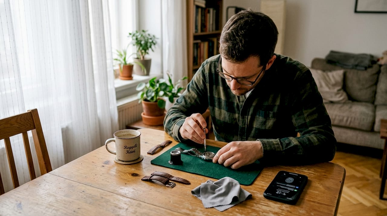 Egy férfi otthon, a szerelőasztalánál vizsgálja az óráját.