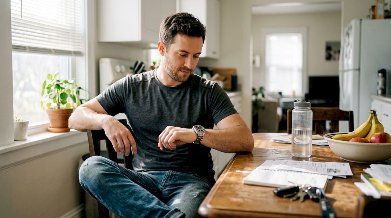 Egy férfi búvárórával a csuklóján sürög-forog a konyhában.