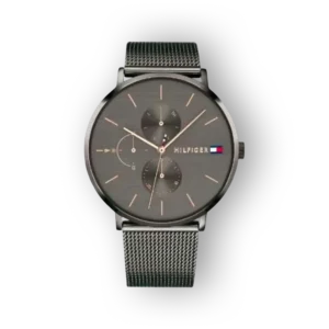 Gray Tommy Hilfiger watch with dual sub-dials and silver mesh bracelet, showcasing a sleek, modern design against a black background.