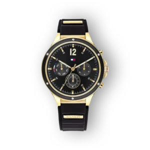 Tommy Hilfiger Eve férfi óra fekete szíjjal és arany tokban.