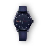 Tommy Hilfiger denim óra fekete szíjjal és sötét számlappal.