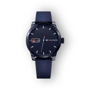 Tommy Hilfiger denim óra fekete szíjjal és sötét számlappal.