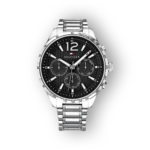 Tommy Hilfiger férfi karóra fekete számlappal és fém szíjjal.