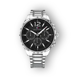 Tommy Hilfiger férfi karóra fekete számlappal és fém szíjjal.