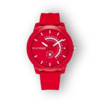 Red Tommy Hilfiger watch with a bold face, featuring white hour markers and hands, and a sporty red rubber strap.