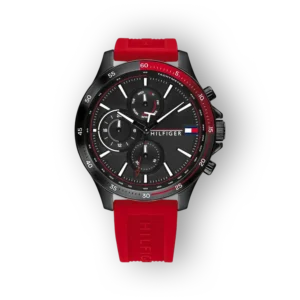 Tommy Hilfiger fekete és piros karóra előlnézetben.