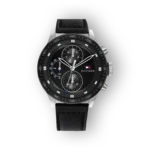 Fekete bőrszíjas Tommy Hilfiger Trent karóra ezüst tokban.