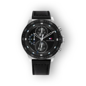 Fekete bőrszíjas Tommy Hilfiger Trent karóra ezüst tokban.