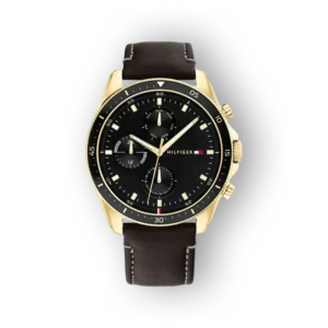 Gold-tone chronograph watch with a black dial, brown leather strap, and minimalist hour markers. Features sub-dials and branding.