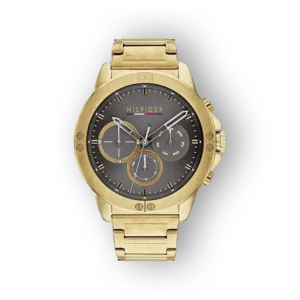 Tommy Hilfiger arany színű karóra szürke számlappal és chronográf funkcióval.
