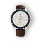 Tommy Hilfiger Owen karóra barna bőrszíjjal és fehér számlappal.