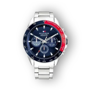 Blue dial chronograph watch with silver stainless steel bracelet, red tachymeter bezel, and silver hour markers on a black background.