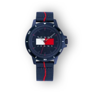 Tommy Jeans kék karóra piros-szürke szíjjal, elölnézetben