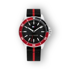 Tommy Hilfiger Logan fekete számlapos karóra piros betéttel.