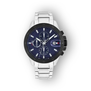 Ezüstszínű karóra kék számlappal, Tommy Hilfiger márkás.
