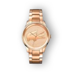 Rózsaarany színű karóra krokodil mintával, előlnézet.