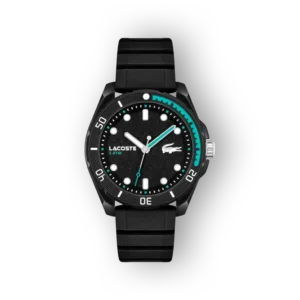 Lacoste karóra fekete szíjjal elölnézetben.