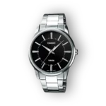 Fém karkötős Casio óra, fekete számlappal, ezüst színű mutatókkal, vízállóság 50 méterig, elegáns és egyszerű dizájn.