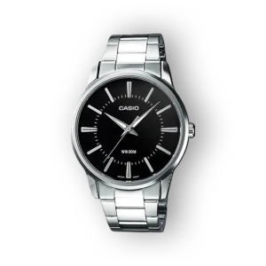 Fém karkötős Casio óra, fekete számlappal, ezüst színű mutatókkal, vízállóság 50 méterig, elegáns és egyszerű dizájn.