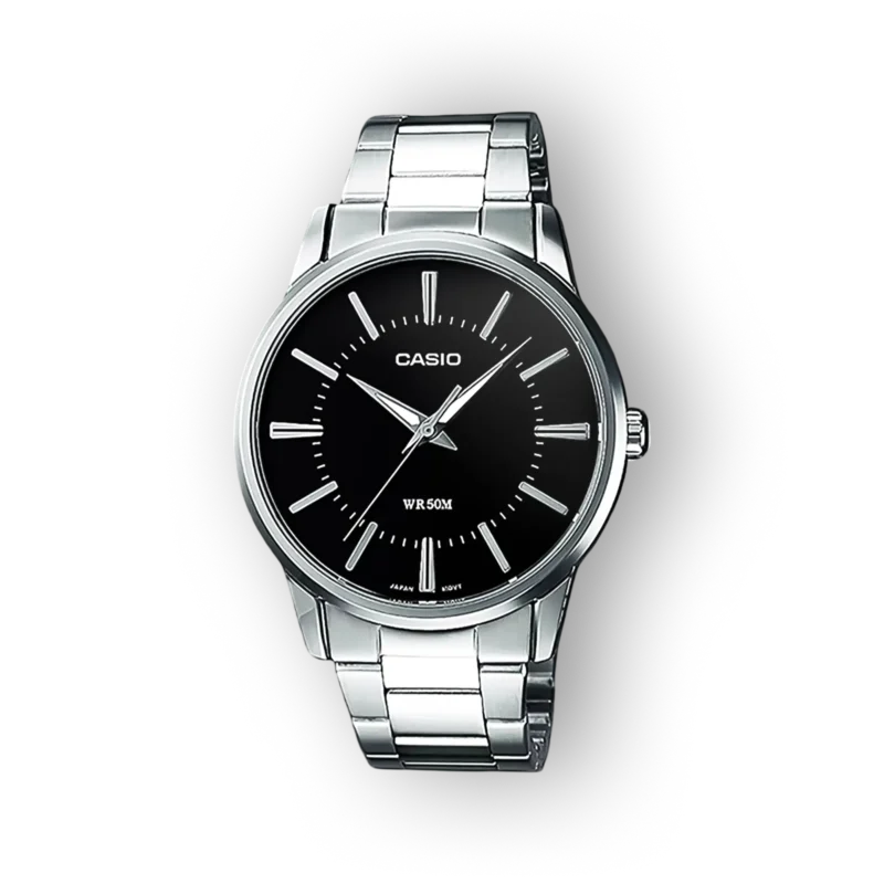 Fém karkötős Casio óra, fekete számlappal, ezüst színű mutatókkal, vízállóság 50 méterig, elegáns és egyszerű dizájn.