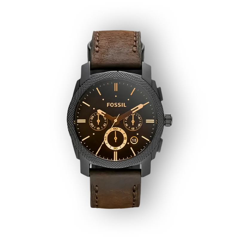 Fossil FS4656 karóra fekete számlappal, aranyszínű mutatók és barna bőr szíjjal. Modern, férfiaknak tervezett stílusos kiegészítő.