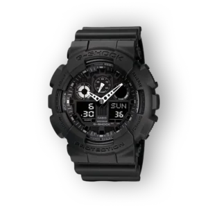 Fekete G-Shock karóra digitális és analóg kijelzővel, fehér mutatókkal, hét napját és dátumot mutatva, robusztus dizájnnal.