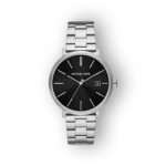 Fekete számlapos, ezüst színű láncos Michael Kors karóra, dátumkijelzővel és egyszerű, elegáns dizájnnal.