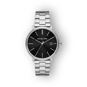 Fekete számlapos, ezüst színű láncos Michael Kors karóra, dátumkijelzővel és egyszerű, elegáns dizájnnal.