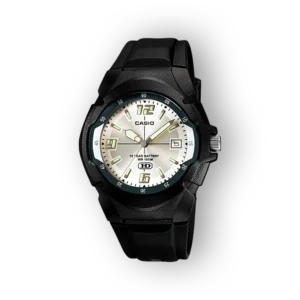 Fekete szíjjal ellátott Casio karóra ezüstszínű számlappal, zöld mutatókkal, dátumablakkal és 100 méteres vízállósággal.