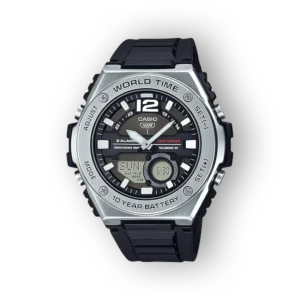 Fekete számlapos, ezüst széllel ellátott Casio MWA-300H-1AVDF karóra, digitális kijelzőkkel és vízállósággal.