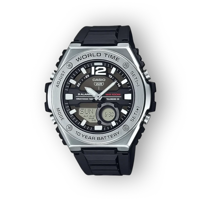 Fekete számlapos, ezüst széllel ellátott Casio MWA-300H-1AVDF karóra, digitális kijelzőkkel és vízállósággal.